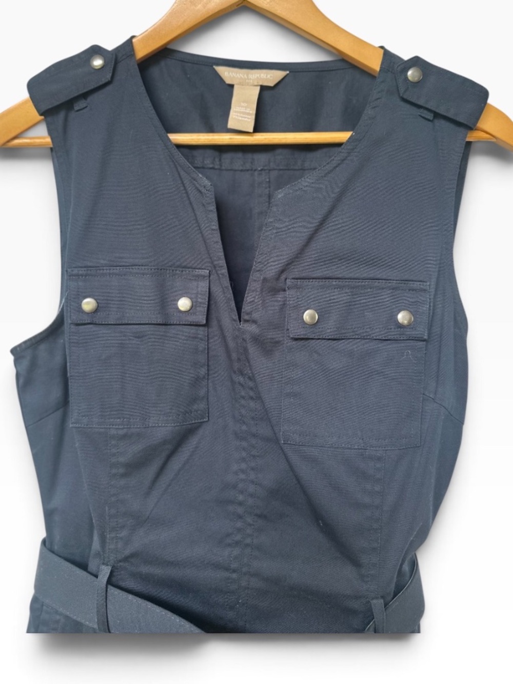 Banana Republic Navy Blue Belted Safari Utility Dress Size 10 Sleeveless Epaulet - Picture 3 of 5